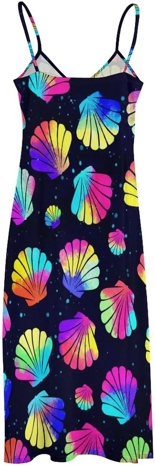 Women's Maxi Dress Tie Dye Seashell Summer Sun Dresses Casual Loose Long Dress V Neck Sleeveless Beach Dresses