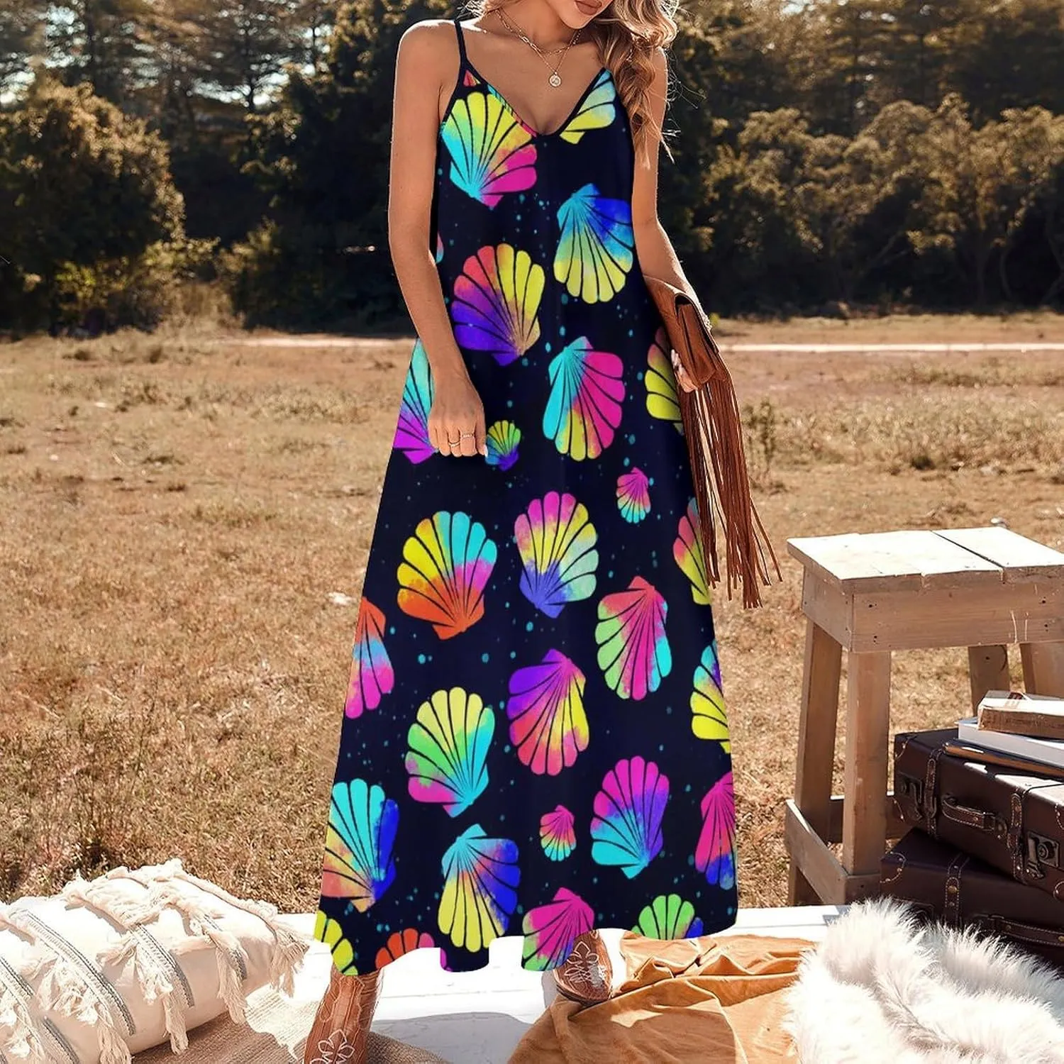 Women's Maxi Dress Tie Dye Seashell Summer Sun Dresses Casual Loose Long Dress V Neck Sleeveless Beach Dresses