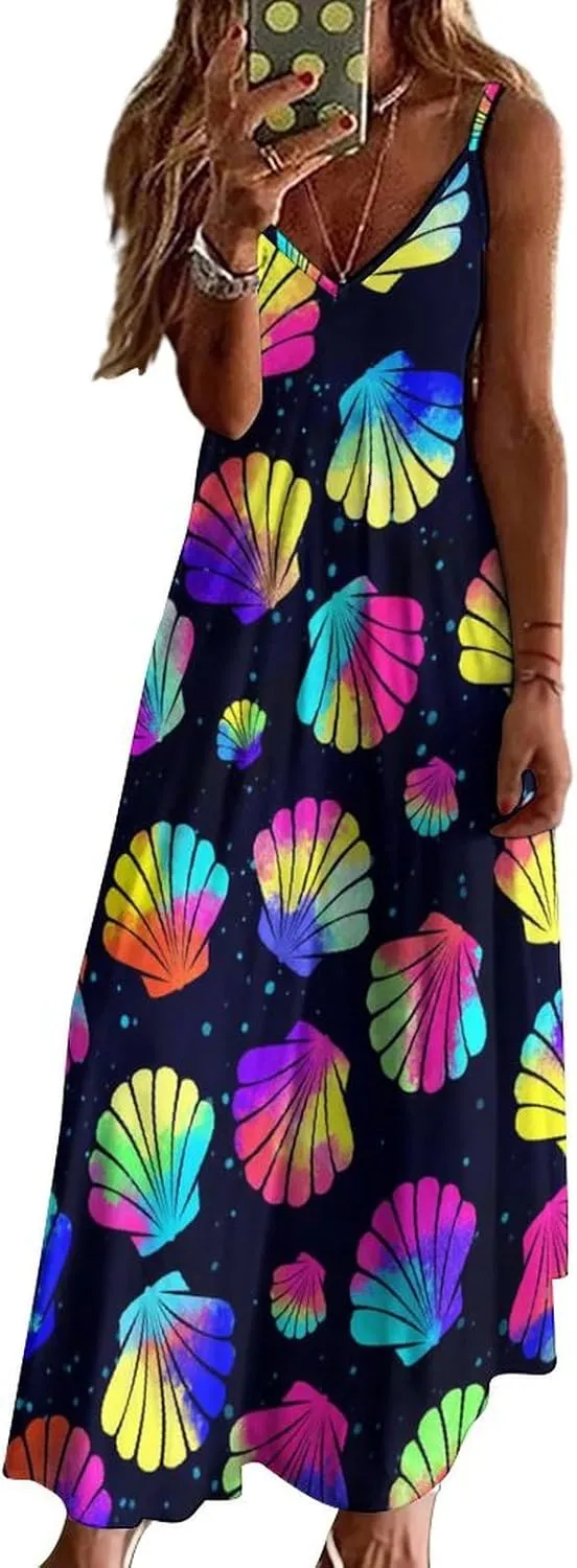 Women's Maxi Dress Tie Dye Seashell Summer Sun Dresses Casual Loose Long Dress V Neck Sleeveless Beach Dresses