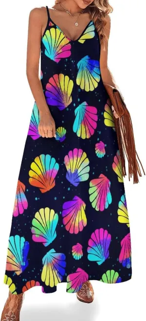 Women's Maxi Dress Tie Dye Seashell Summer Sun Dresses Casual Loose Long Dress V Neck Sleeveless Beach Dresses