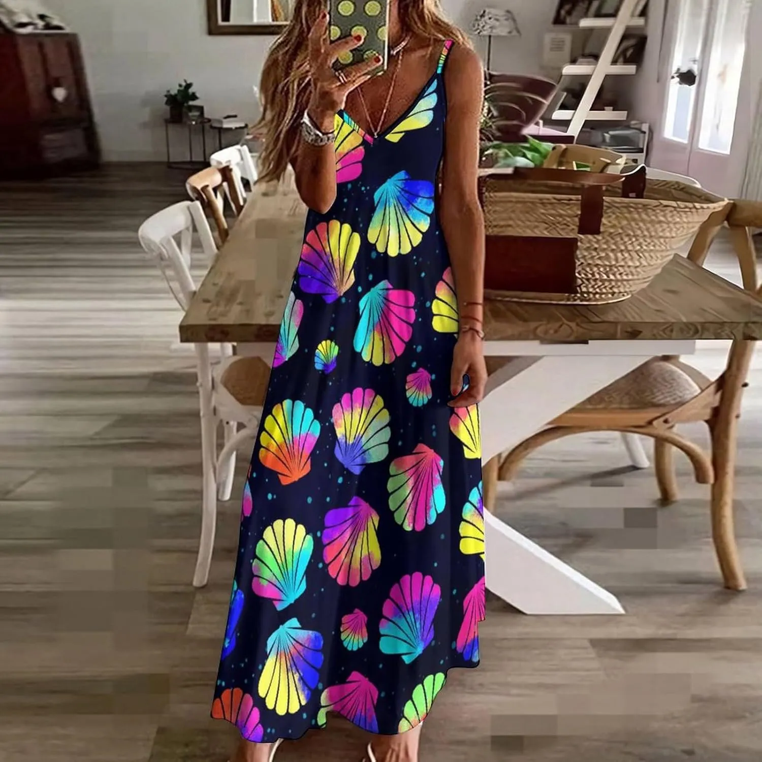 Women's Maxi Dress Tie Dye Seashell Summer Sun Dresses Casual Loose Long Dress V Neck Sleeveless Beach Dresses