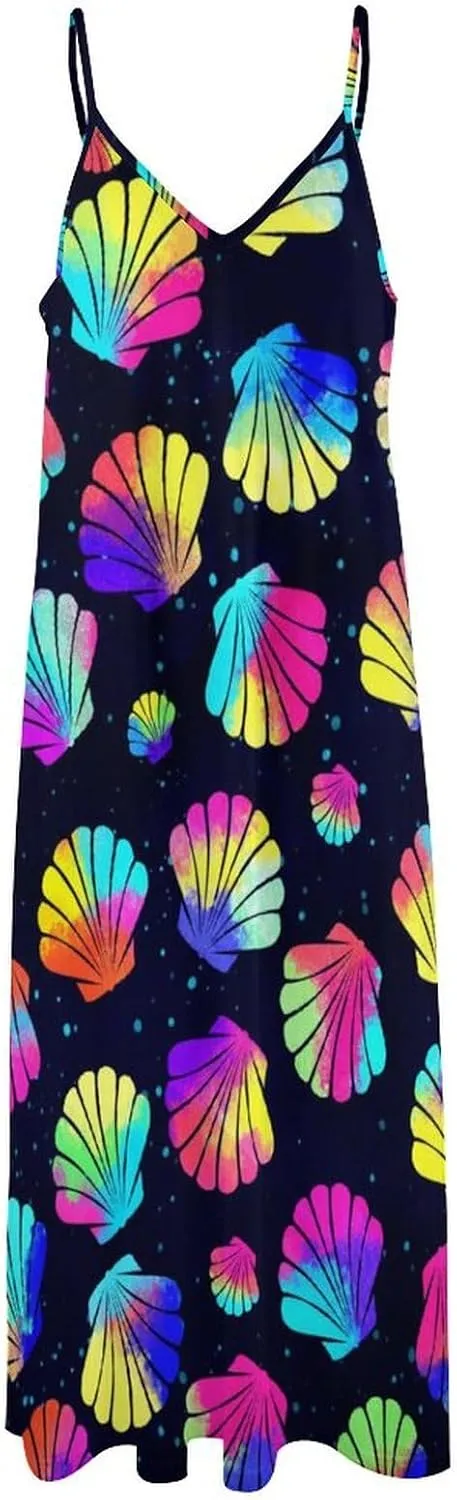 Women's Maxi Dress Tie Dye Seashell Summer Sun Dresses Casual Loose Long Dress V Neck Sleeveless Beach Dresses