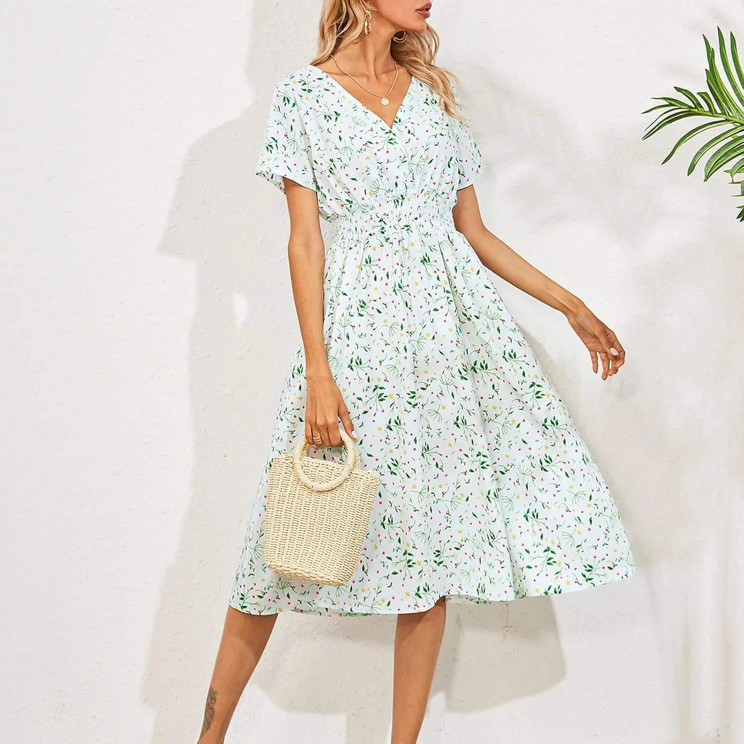 Women's Maxi Dresses 2024 Casual Floral Printed Boho Dresses Summer Swing V-Neck Short Sleeve Dress Casual, S-XL