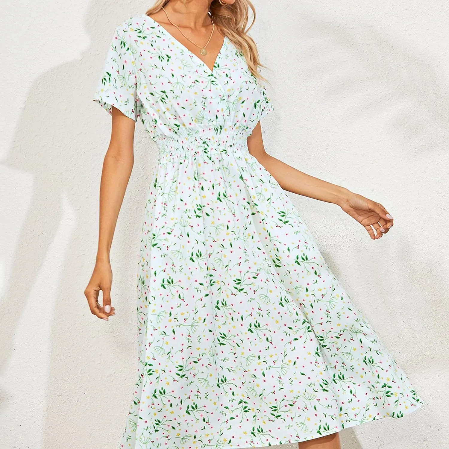 Women's Maxi Dresses 2024 Casual Floral Printed Boho Dresses Summer Swing V-Neck Short Sleeve Dress Casual, S-XL
