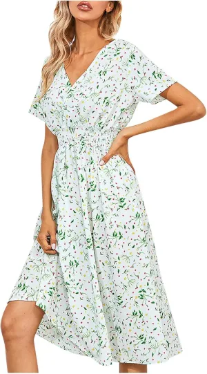 Women's Maxi Dresses 2024 Casual Floral Printed Boho Dresses Summer Swing V-Neck Short Sleeve Dress Casual, S-XL