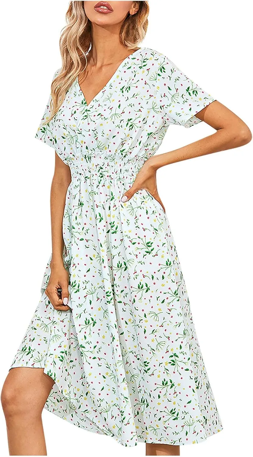 Women's Maxi Dresses 2024 Casual Floral Printed Boho Dresses Summer Swing V-Neck Short Sleeve Dress Casual, S-XL
