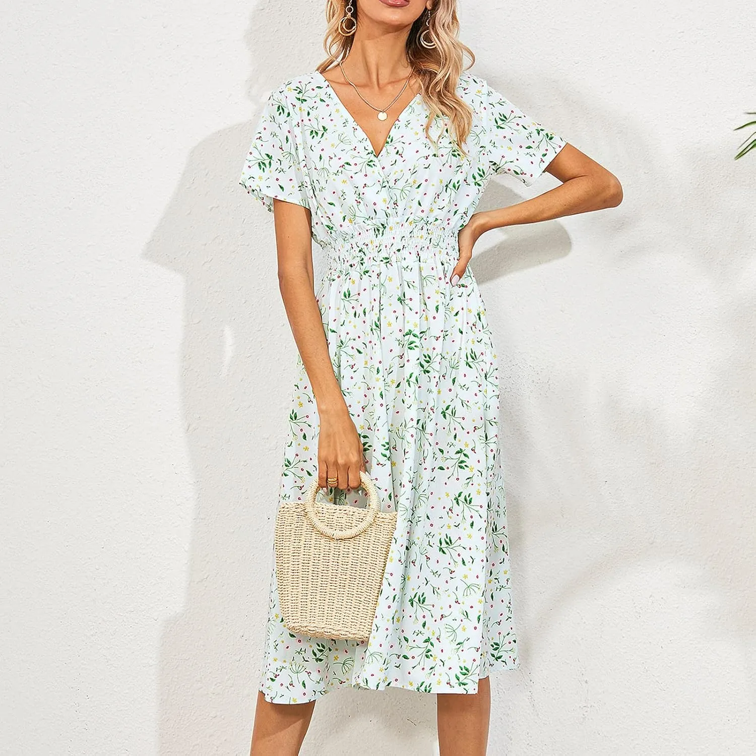 Women's Maxi Dresses 2024 Casual Floral Printed Boho Dresses Summer Swing V-Neck Short Sleeve Dress Casual, S-XL
