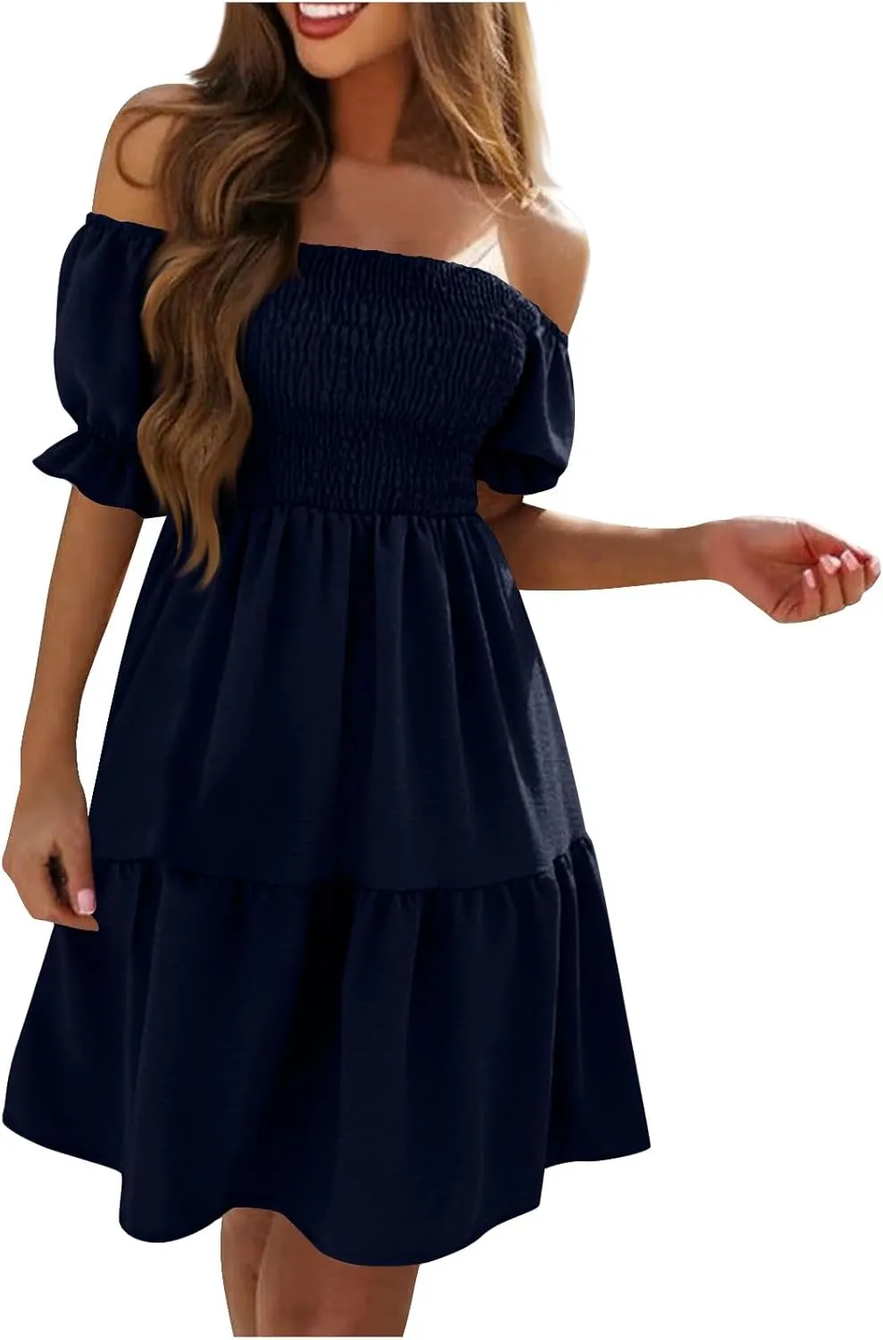 Women's Off The Shoulder Summer Dresses 2025 Short Puff Sleeve Ruffle Elastic Waist A-Line Smocked Casual Mini Dress