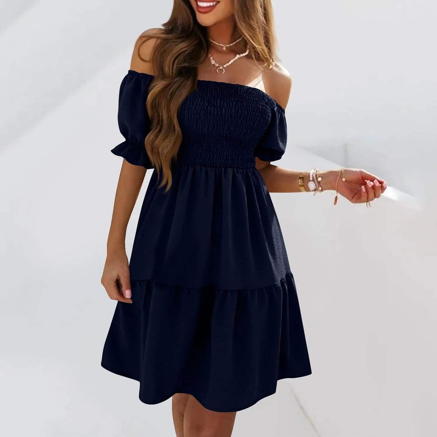 Women's Off The Shoulder Summer Dresses 2025 Short Puff Sleeve Ruffle Elastic Waist A-Line Smocked Casual Mini Dress