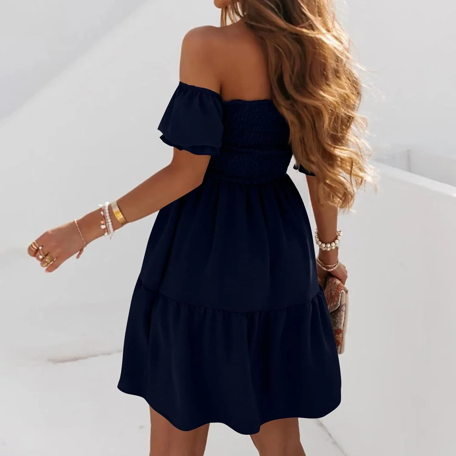 Women's Off The Shoulder Summer Dresses 2025 Short Puff Sleeve Ruffle Elastic Waist A-Line Smocked Casual Mini Dress