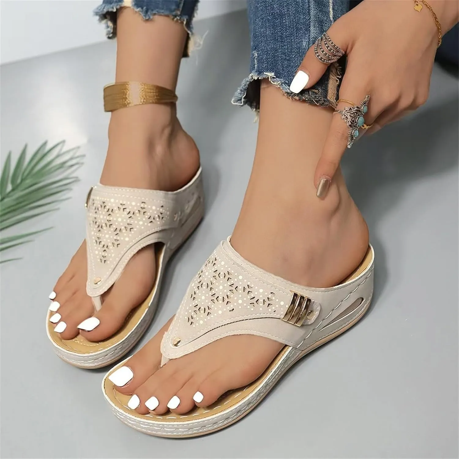 Womens Orthopedic Sandals Summer Arch Support Wedge Sandals Indoor Outdoor Slip On Thong Sandals Womens