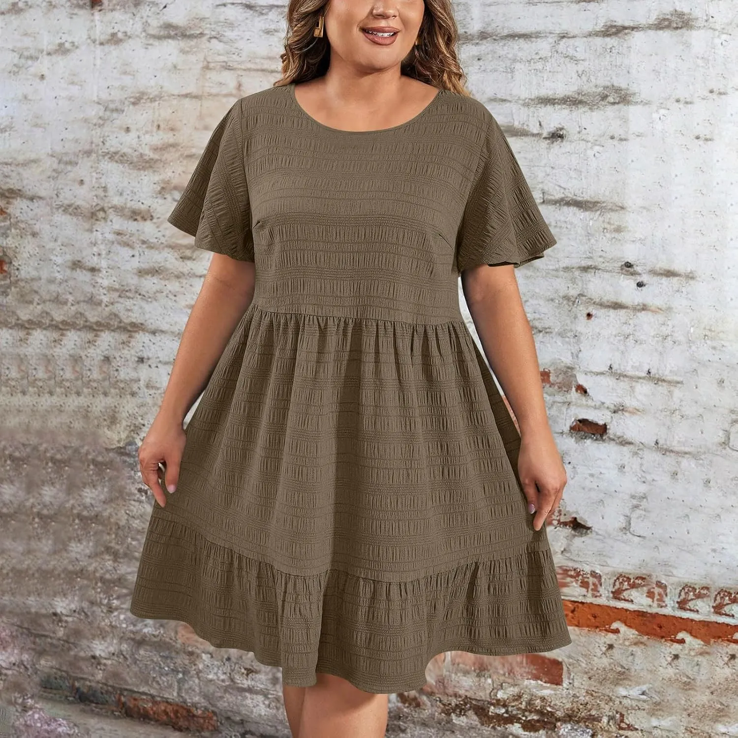 Women's Plus Size Midi Dresses for Curvy Women Summer Short Sleeve Casual Ruffle Swing A-line Flowy Dress 2025
