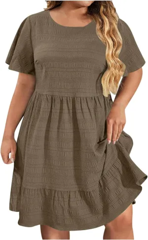 Women's Plus Size Midi Dresses for Curvy Women Summer Short Sleeve Casual Ruffle Swing A-line Flowy Dress 2025