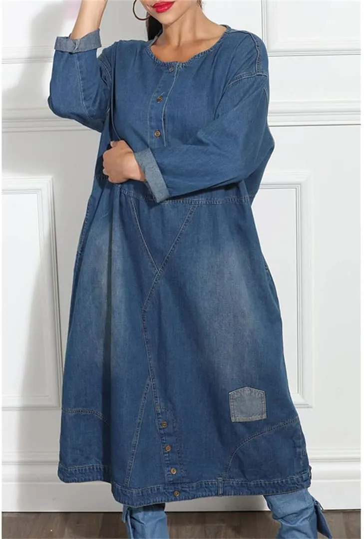 Women's Plus Size Round Neck Long Sleeve Pocket Denim Midi Dresses Casual Button Down Solid Dress