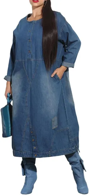 Women's Plus Size Round Neck Long Sleeve Pocket Denim Midi Dresses Casual Button Down Solid Dress