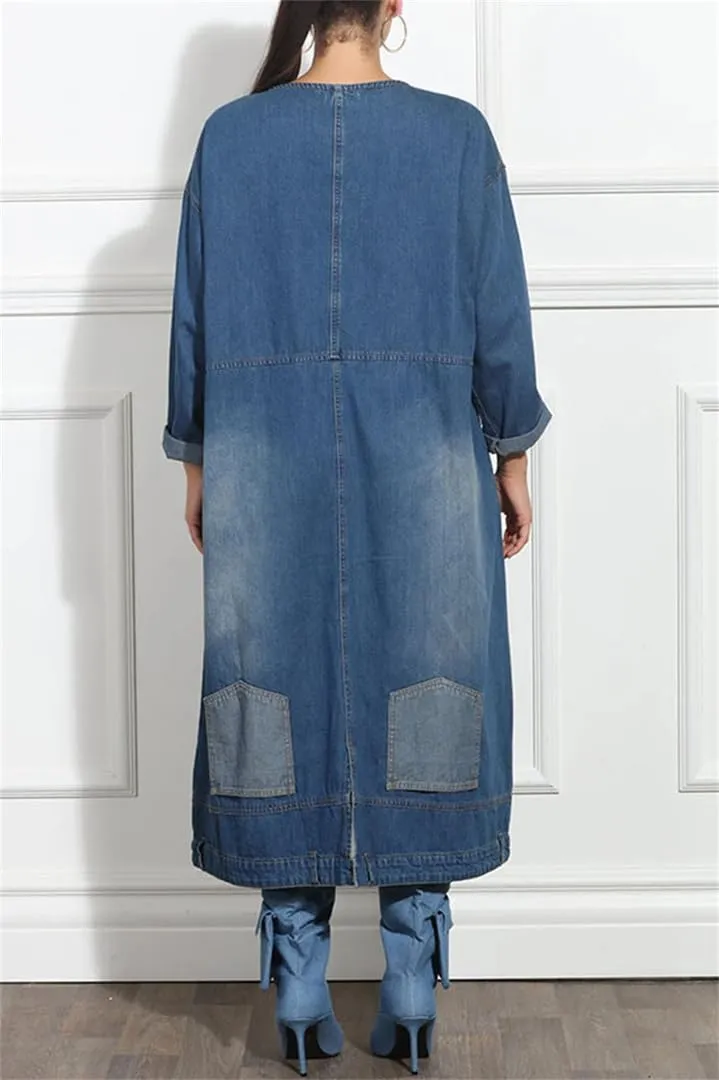 Women's Plus Size Round Neck Long Sleeve Pocket Denim Midi Dresses Casual Button Down Solid Dress