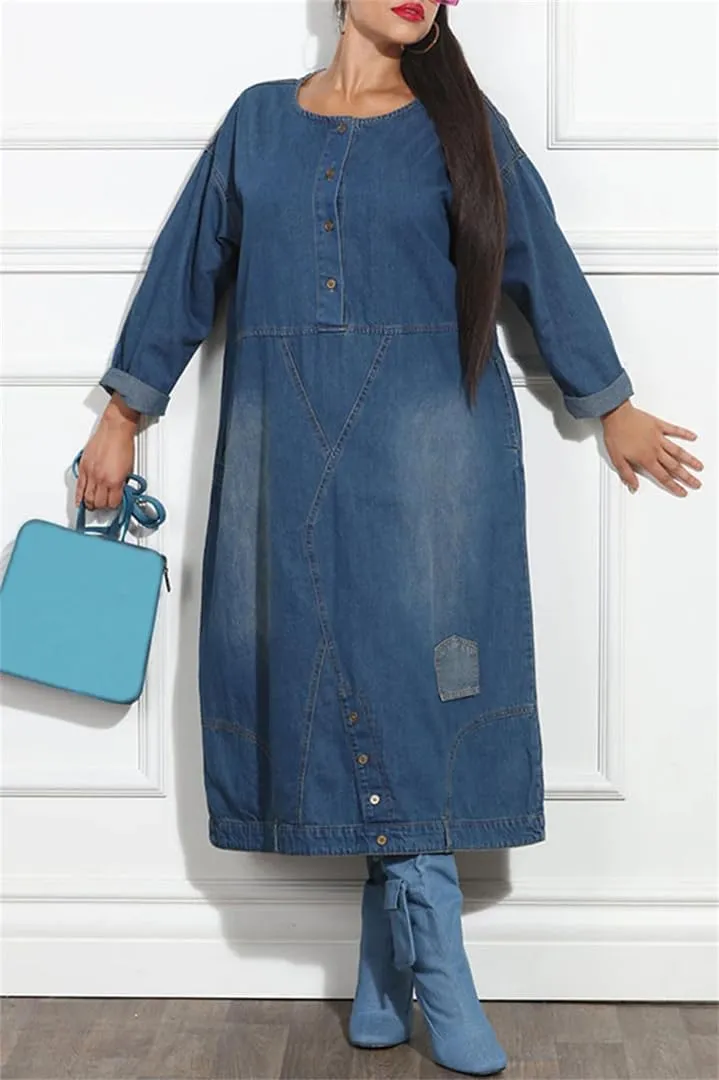 Women's Plus Size Round Neck Long Sleeve Pocket Denim Midi Dresses Casual Button Down Solid Dress