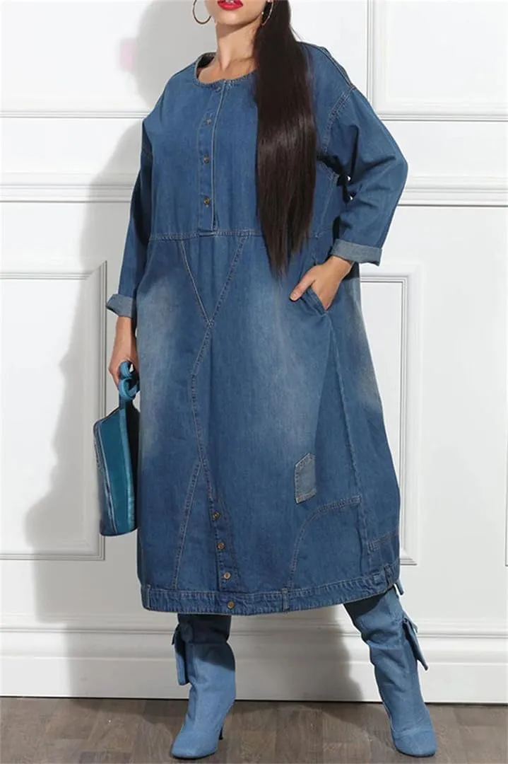 Women's Plus Size Round Neck Long Sleeve Pocket Denim Midi Dresses Casual Button Down Solid Dress