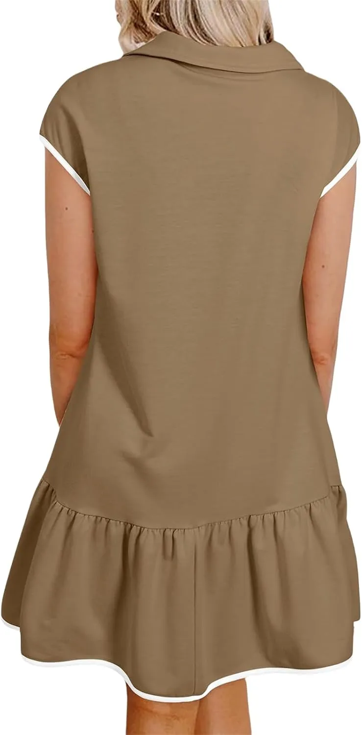 Women's Polo Dresses Cap Sleeve Half Zip Mini Dress Fashion Color Block Tshirts Dress Ruffle Hem Dresses