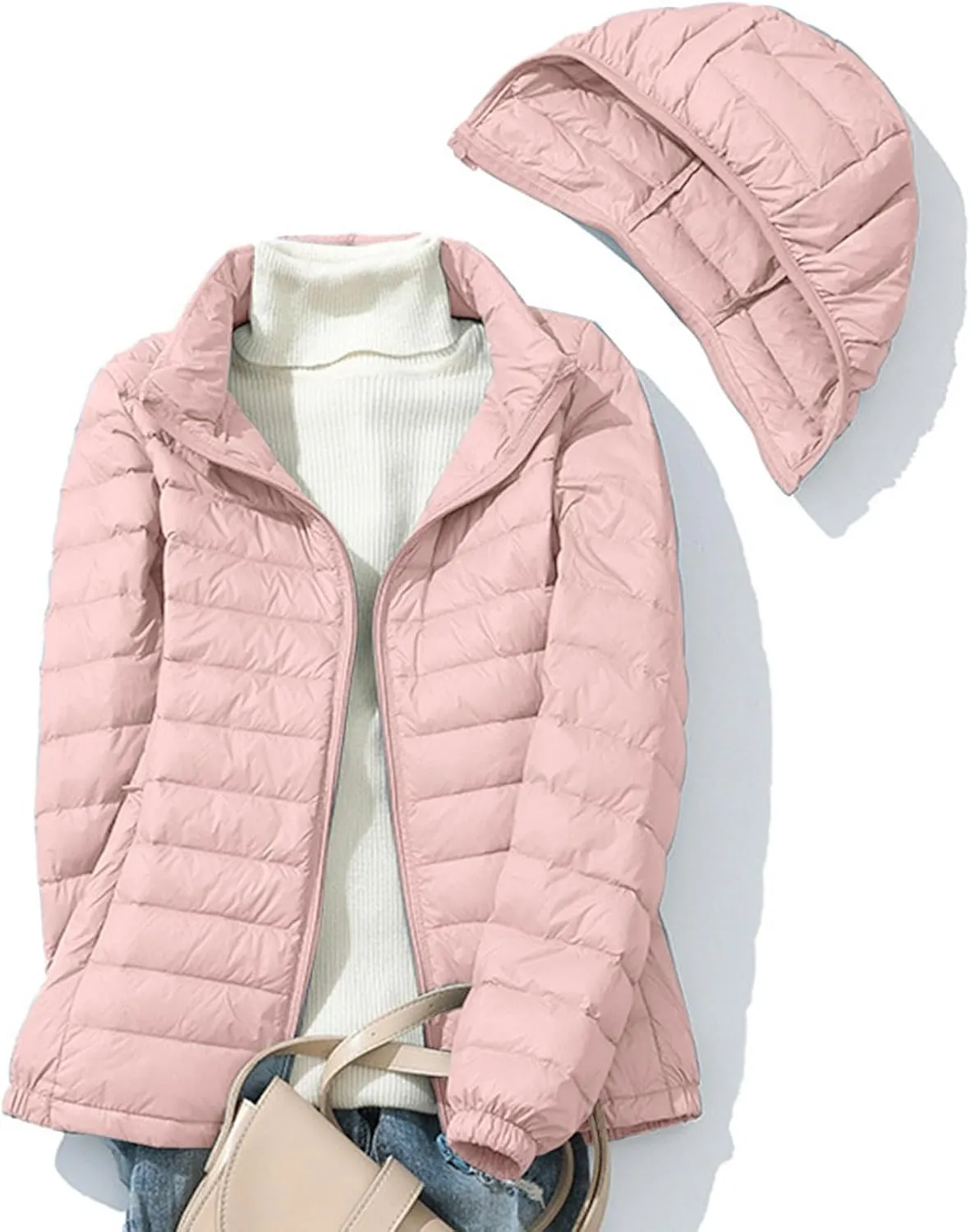 Women's Quilted Puffer Coat Packable Ultra Lightweight Duck Down Jackets Zip Up Outerwear with Removable Hood