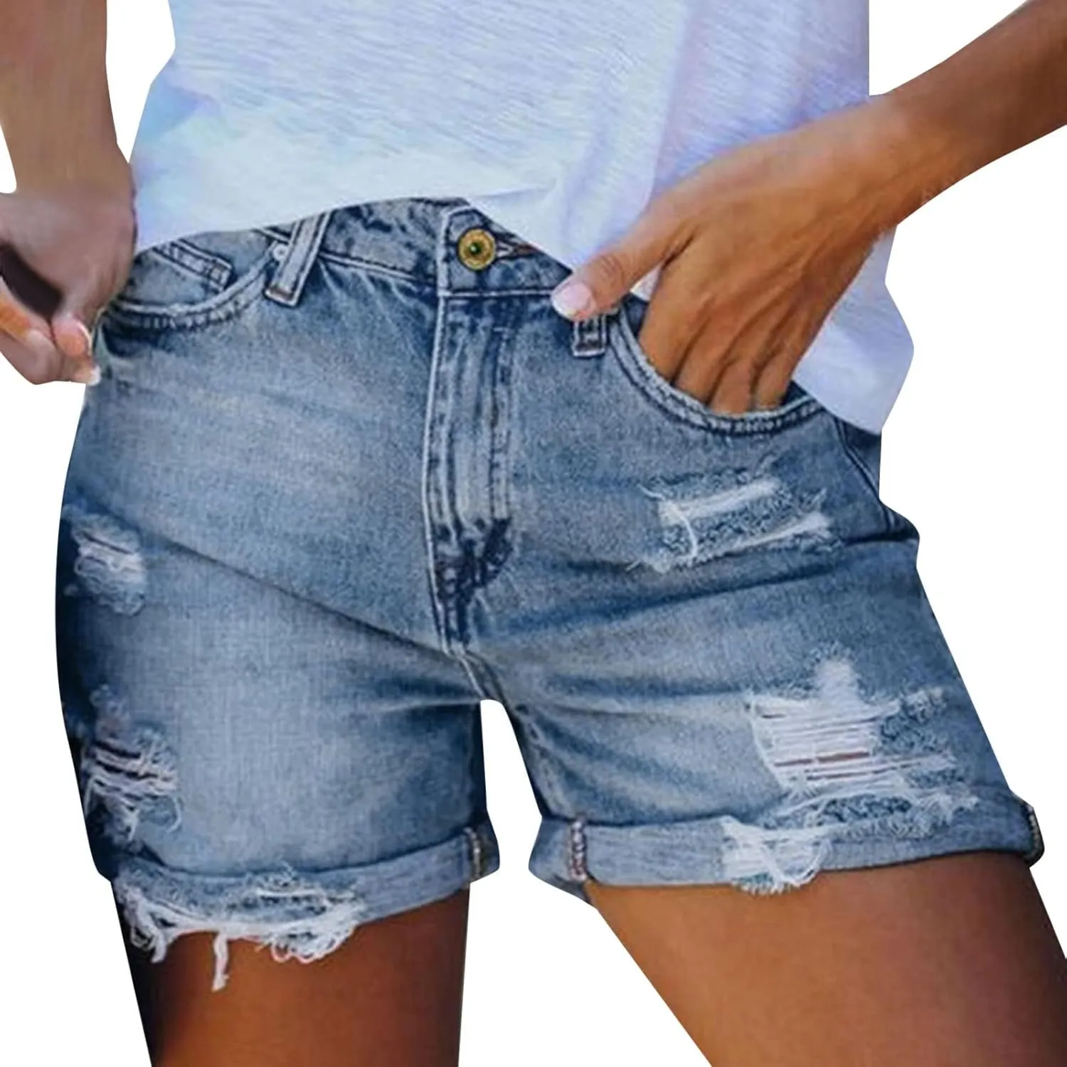 Women's Ripped Denim Shorts High Waisted Casual Stretchy Trendy Summer Y2k Baggy Girls Distressed Raw Hem Jean Shorts