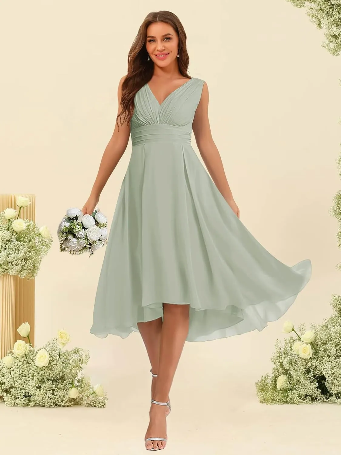 Women's Ruffle V Neck Chiffon Bridesmaid Dresses Tea Length with Pockets A Line Formal Dresses RA063