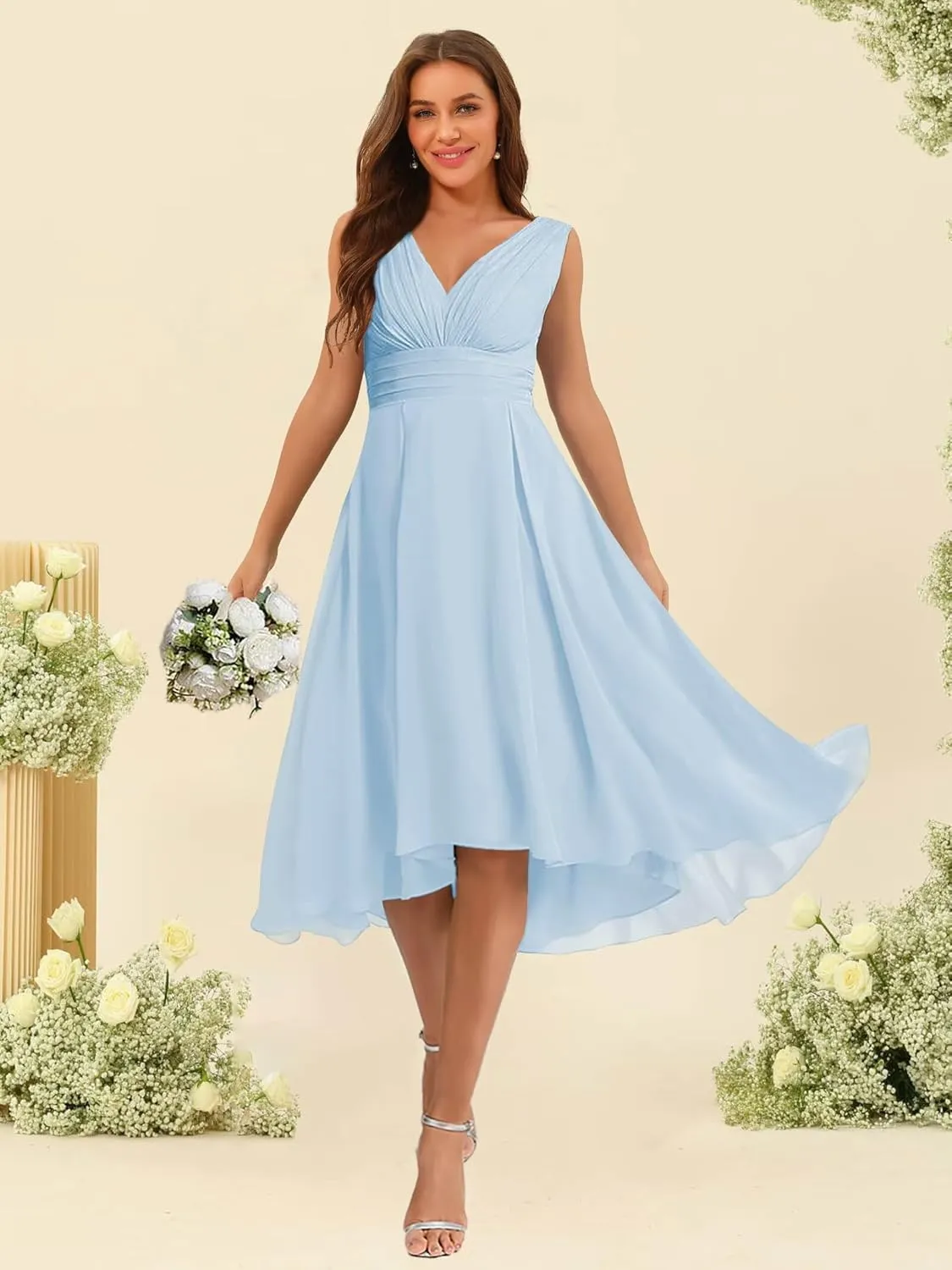 Women's Ruffle V Neck Chiffon Bridesmaid Dresses Tea Length with Pockets A Line Formal Dresses RA063