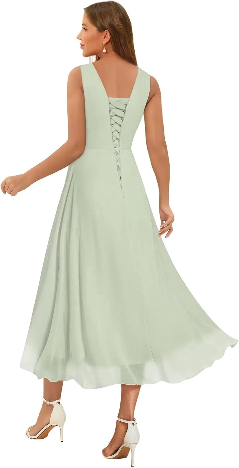 Women's Ruffle V Neck Chiffon Bridesmaid Dresses Tea Length with Pockets A Line Formal Dresses RA063