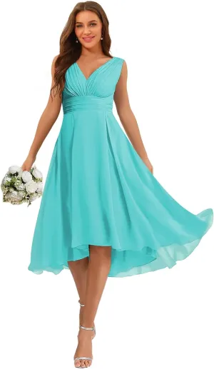 Women's Ruffle V Neck Chiffon Bridesmaid Dresses Tea Length with Pockets A Line Formal Dresses RA063