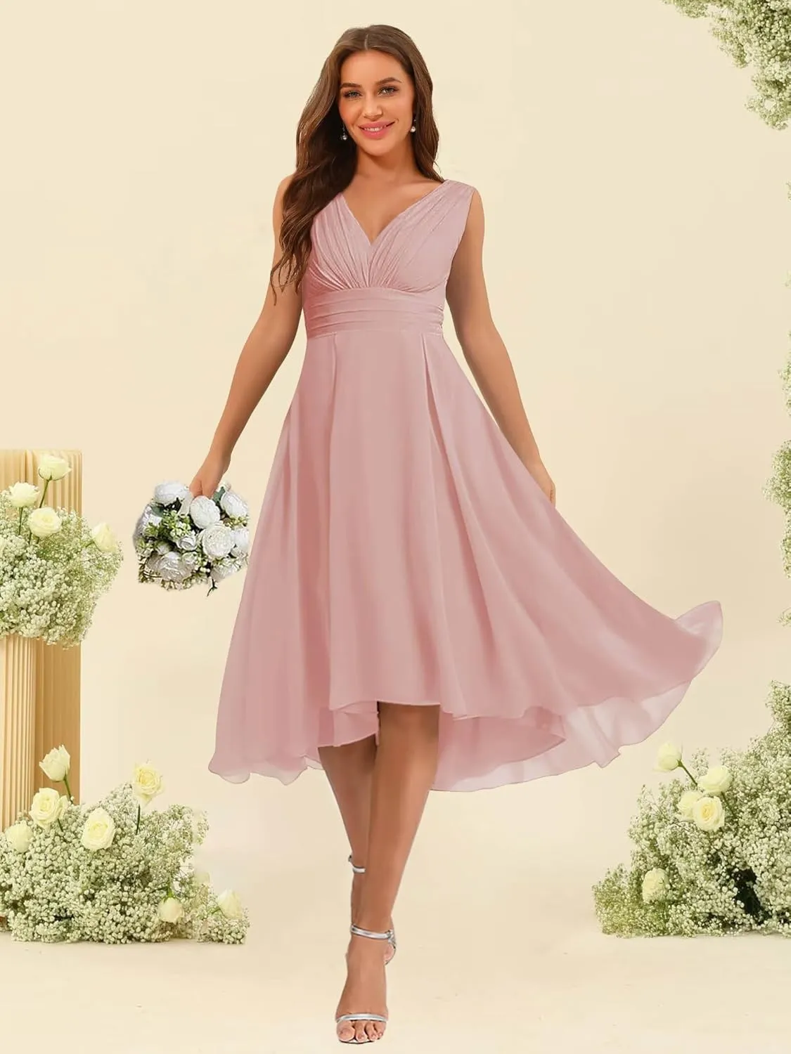 Women's Ruffle V Neck Chiffon Bridesmaid Dresses Tea Length with Pockets A Line Formal Dresses RA063