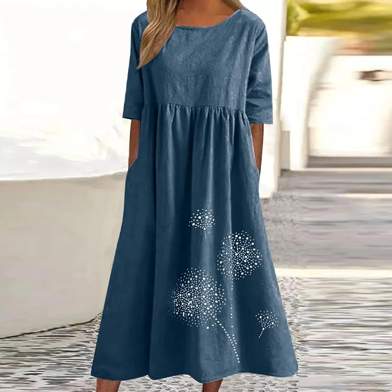 Womens Short Sleeve Casual Midi Dresses Cute Flower Graphic Print Sun Dresses Casual Loose Beach Dress with Pockets