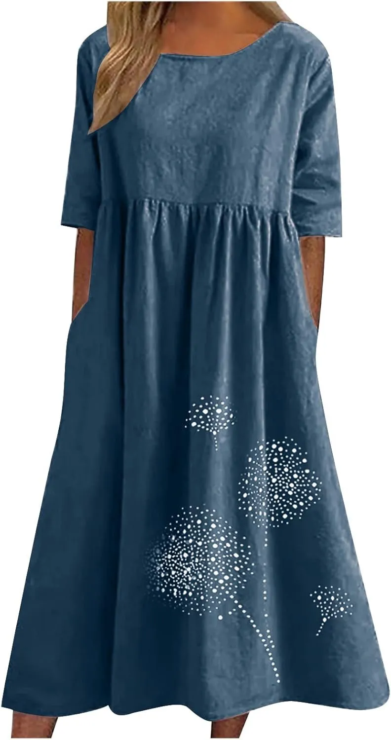 Womens Short Sleeve Casual Midi Dresses Cute Flower Graphic Print Sun Dresses Casual Loose Beach Dress with Pockets