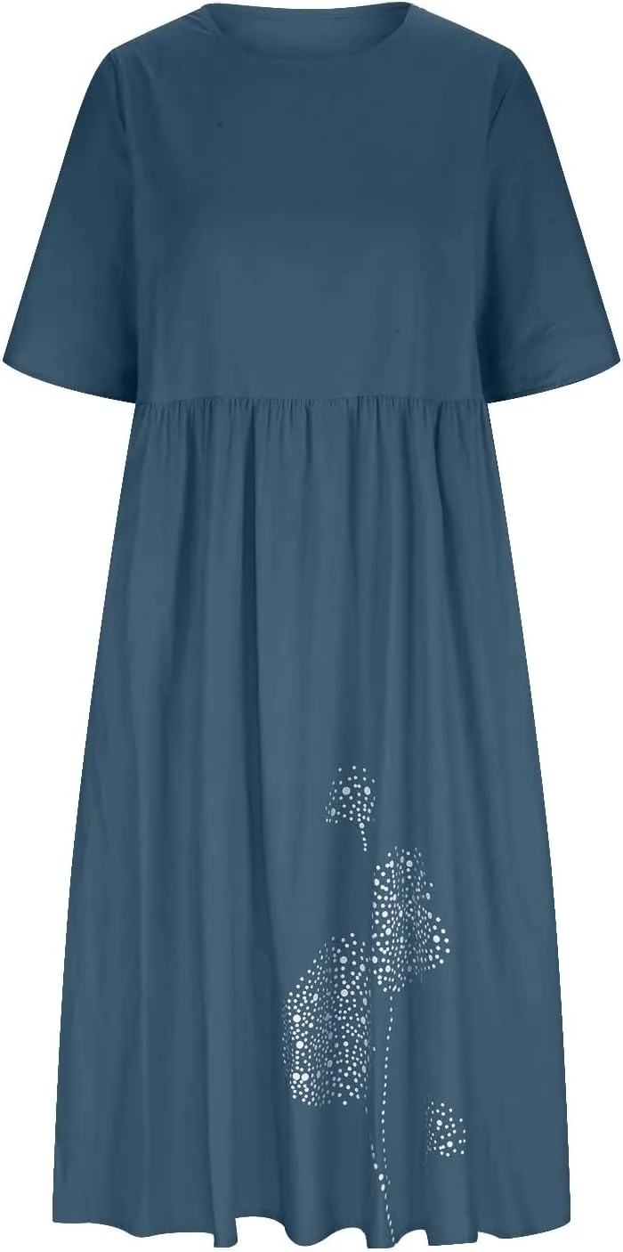 Womens Short Sleeve Casual Midi Dresses Cute Flower Graphic Print Sun Dresses Casual Loose Beach Dress with Pockets