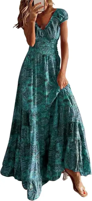 Women's Short Sleeve Loose Plain Casual Long Maxi Dresses for Women V-Neck Slit Casual Travel T-Shirt Dress