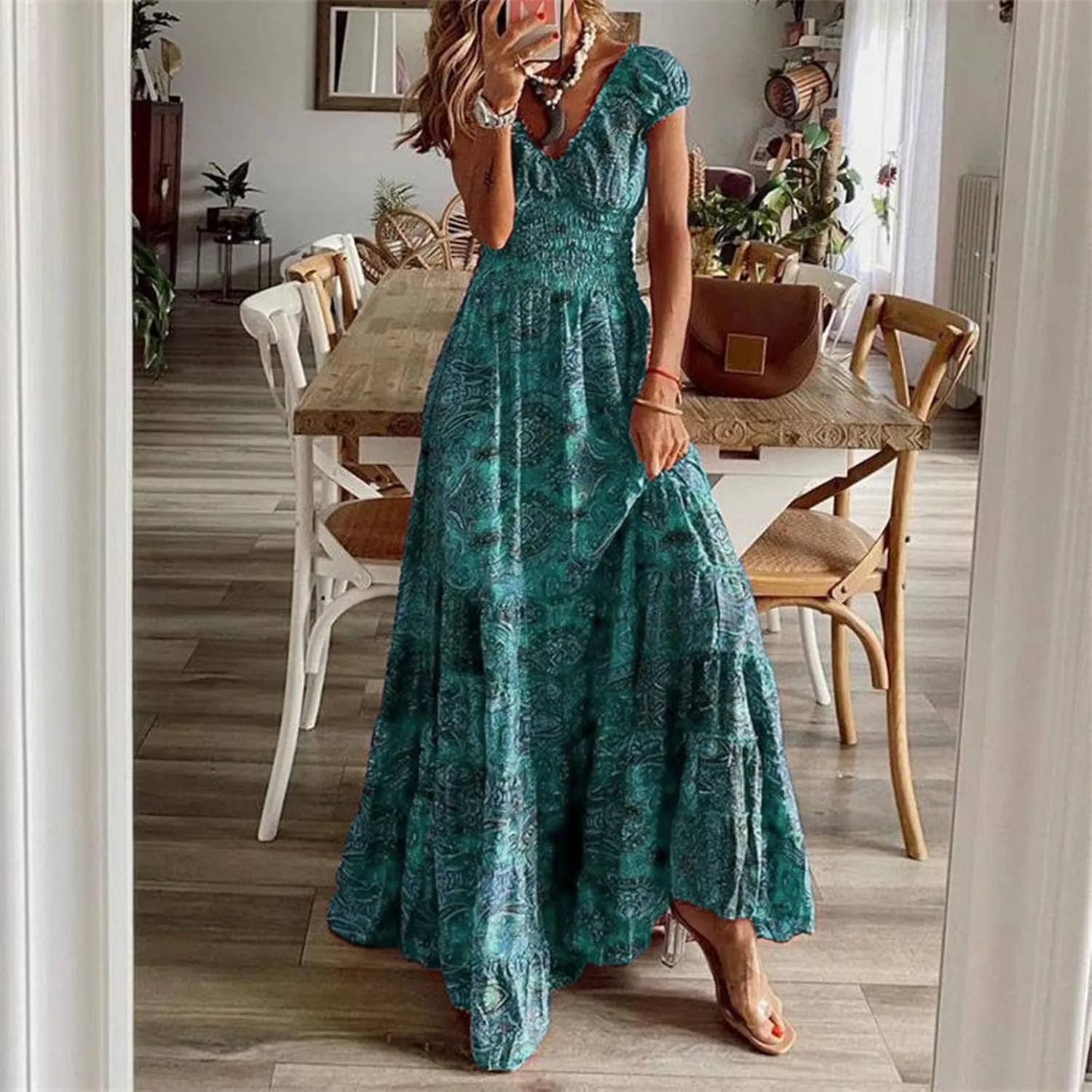 Women's Short Sleeve Loose Plain Casual Long Maxi Dresses for Women V-Neck Slit Casual Travel T-Shirt Dress