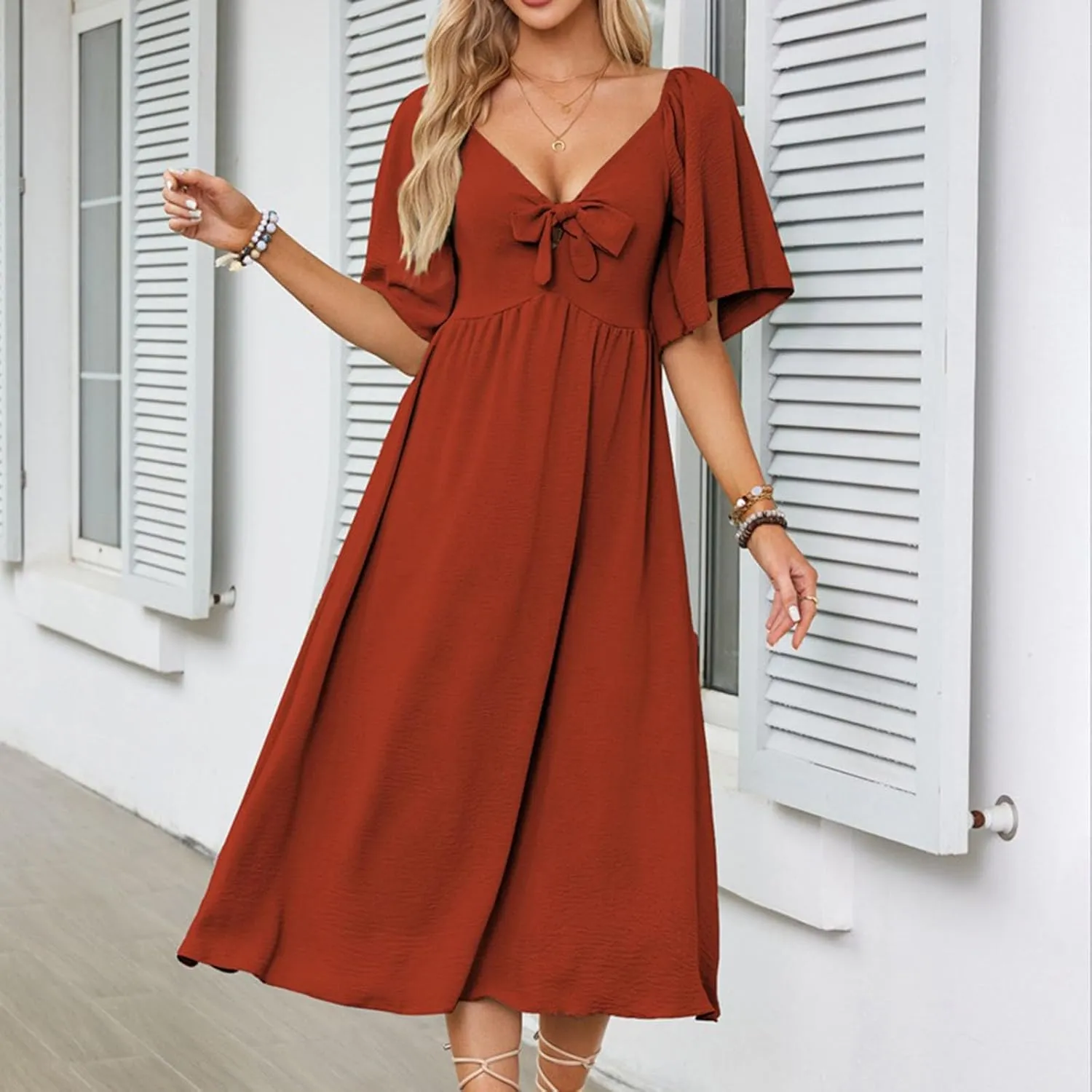 Womens Short Sleeve Sexy V Neck Tie Front Dress Boho A-Line Flowy Midi Sun Dresses Summer Fashion Smocked Dress