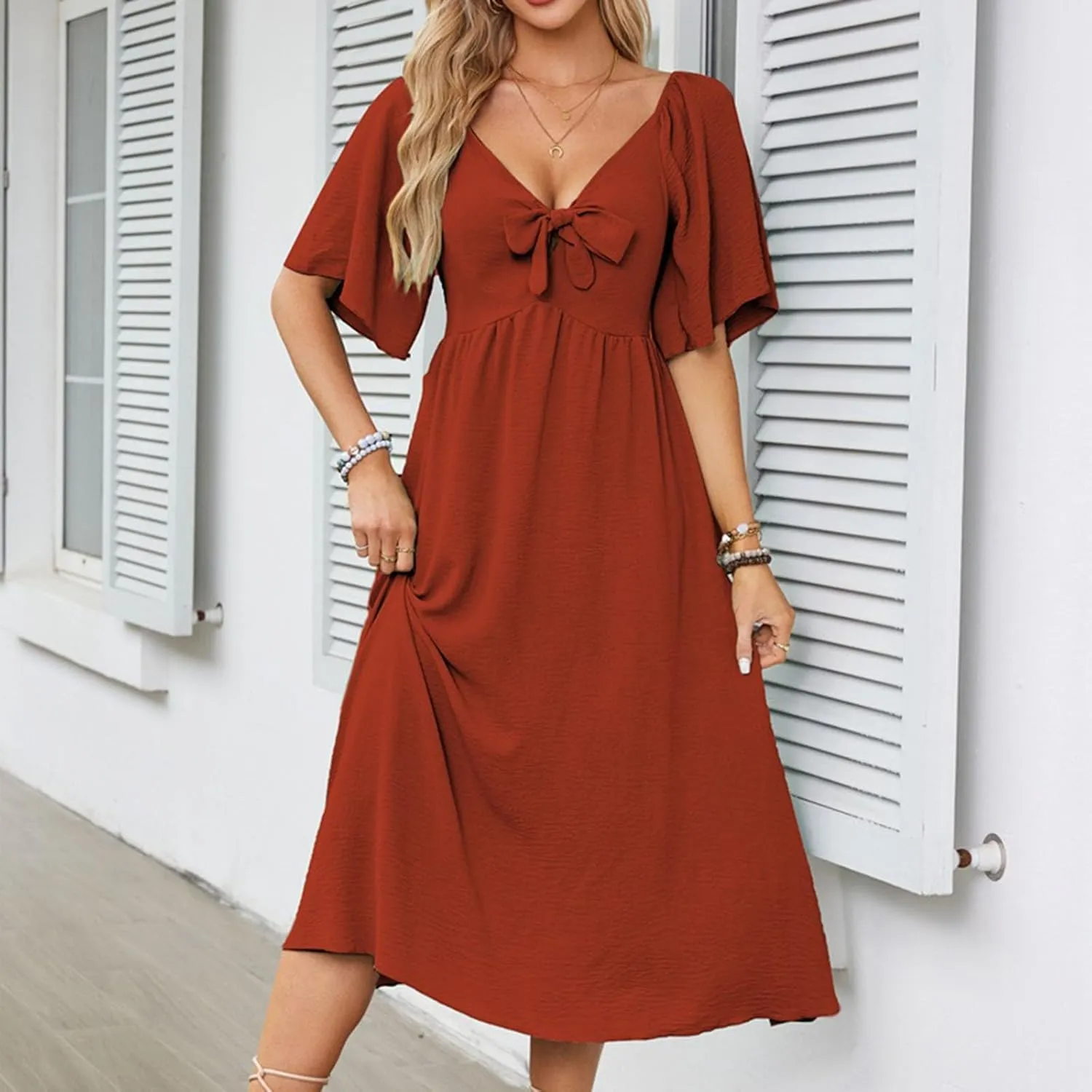 Womens Short Sleeve Sexy V Neck Tie Front Dress Boho A-Line Flowy Midi Sun Dresses Summer Fashion Smocked Dress