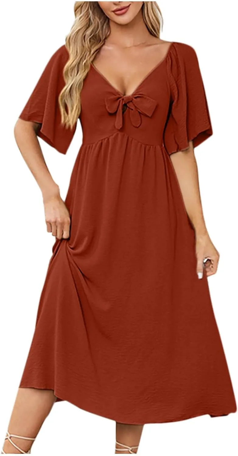 Womens Short Sleeve Sexy V Neck Tie Front Dress Boho A-Line Flowy Midi Sun Dresses Summer Fashion Smocked Dress