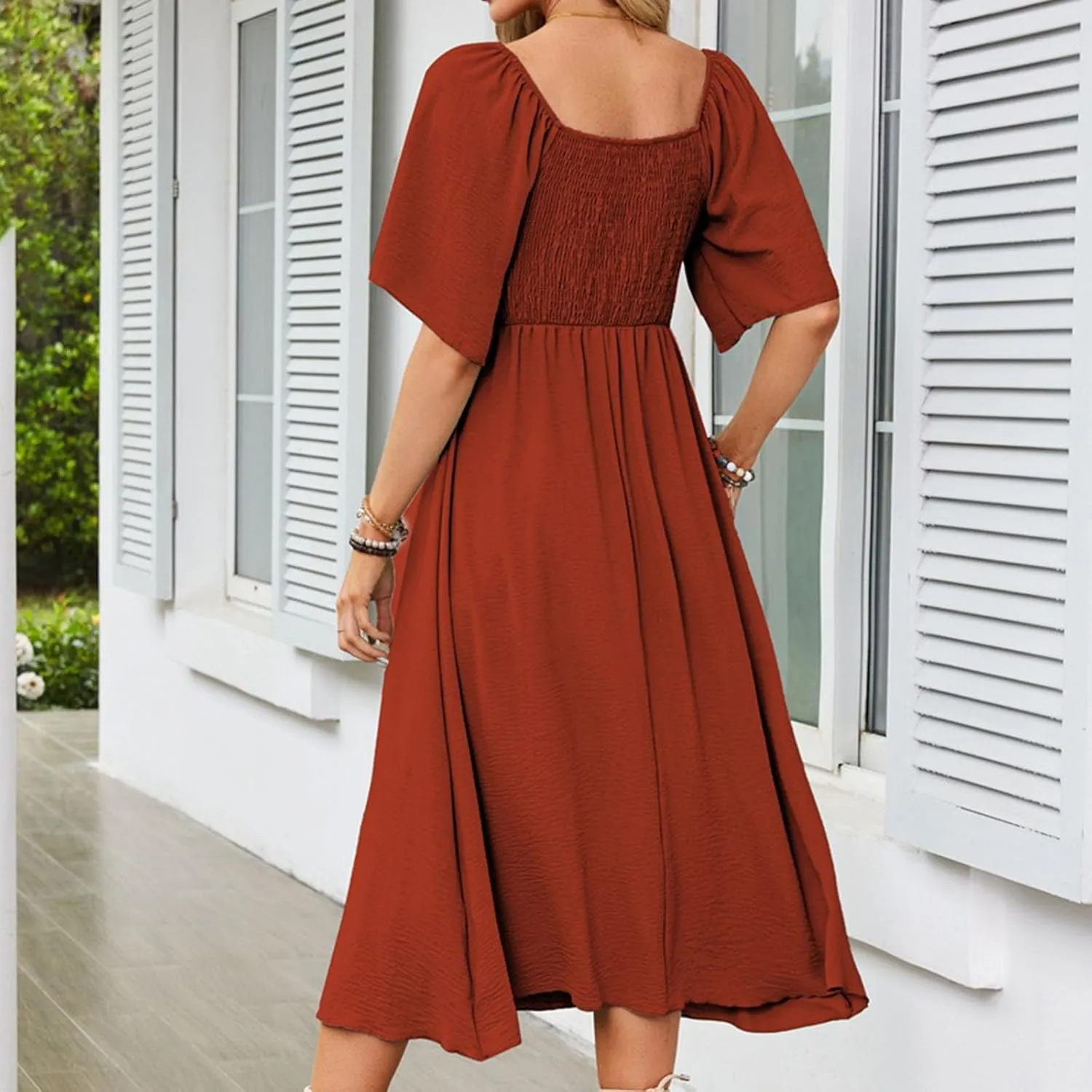 Womens Short Sleeve Sexy V Neck Tie Front Dress Boho A-Line Flowy Midi Sun Dresses Summer Fashion Smocked Dress
