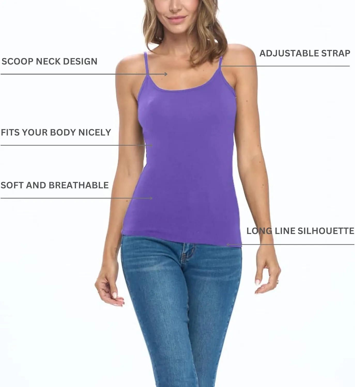 Women's Soft and Breathable Cotton Stretch Camisole with Adjustable Strap Tank Top