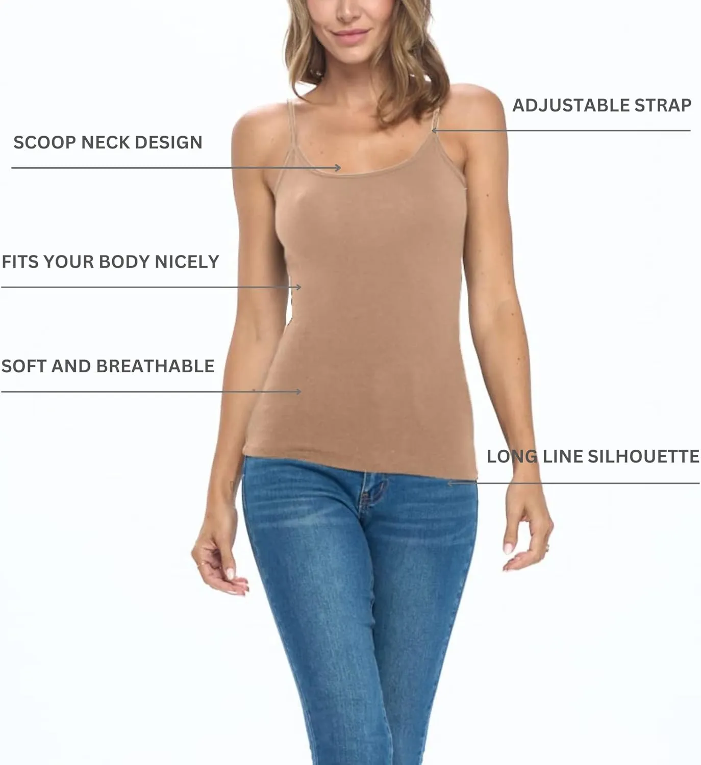 Women's Soft and Breathable Cotton Stretch Camisole with Adjustable Strap Tank Top