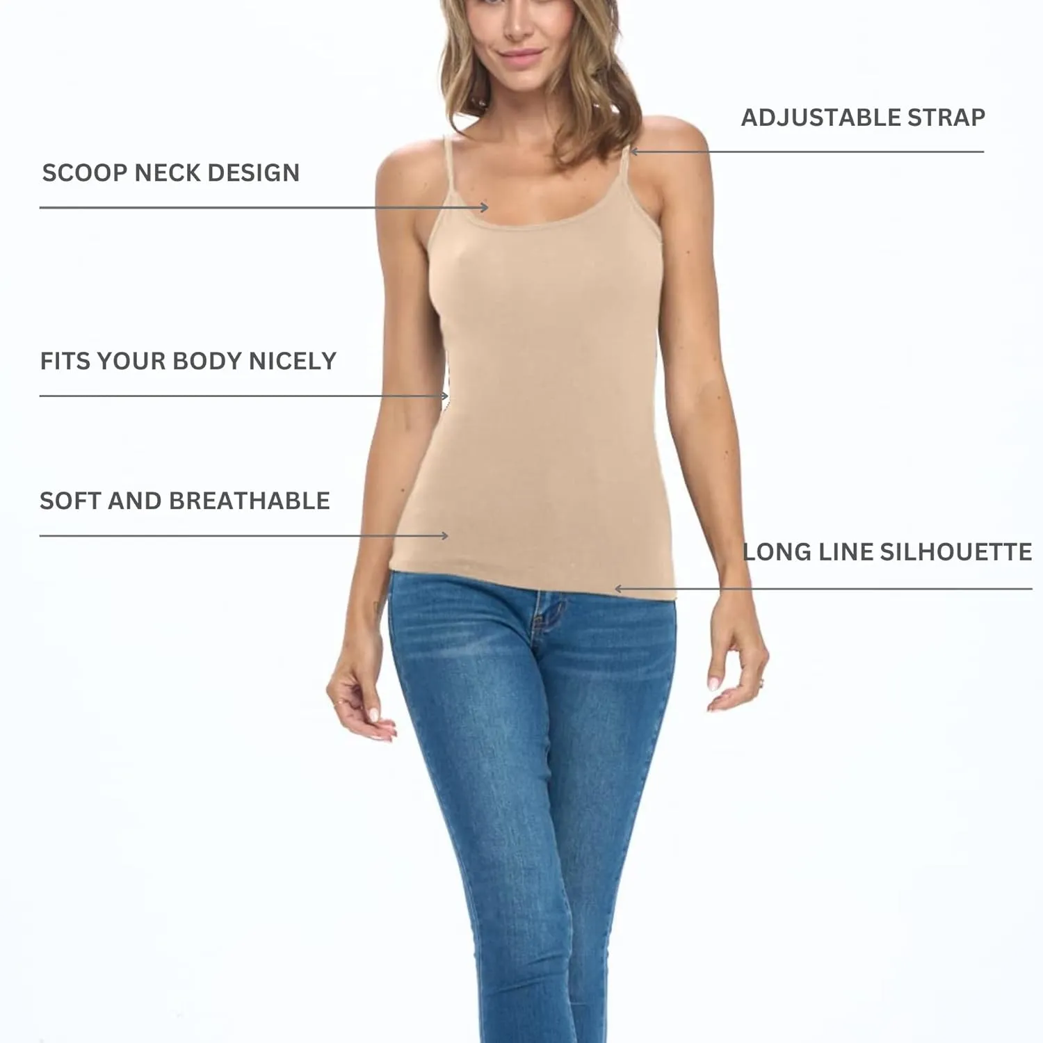 Women's Soft and Breathable Cotton Stretch Camisole with Adjustable Strap Tank Top