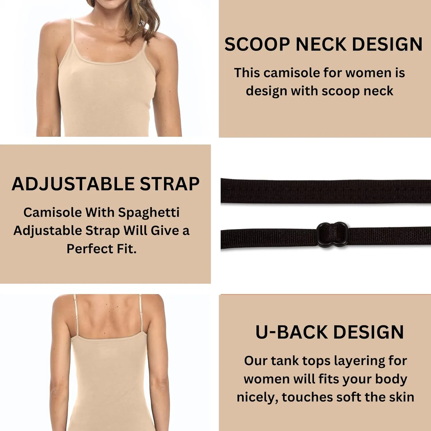 Women's Soft and Breathable Cotton Stretch Camisole with Adjustable Strap Tank Top