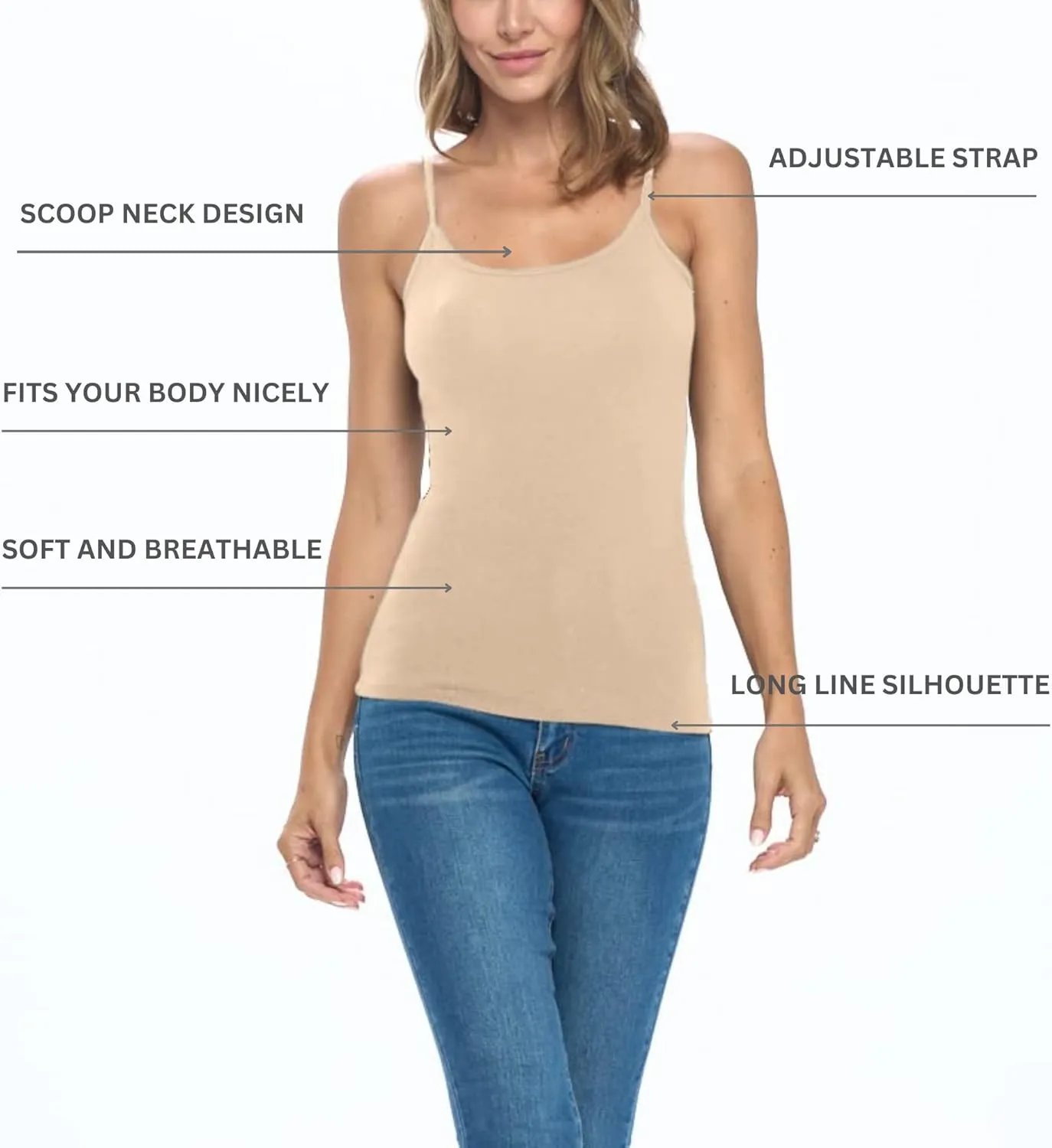 Women's Soft and Breathable Cotton Stretch Camisole with Adjustable Strap Tank Top