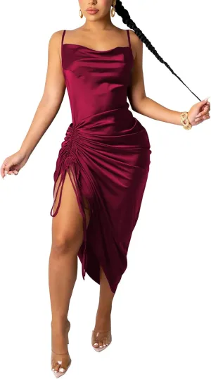 Women's Spaghetti Strap Satin Dress Sexy Backless Drawstring Ruched Split Hem Cocktail Evening Party