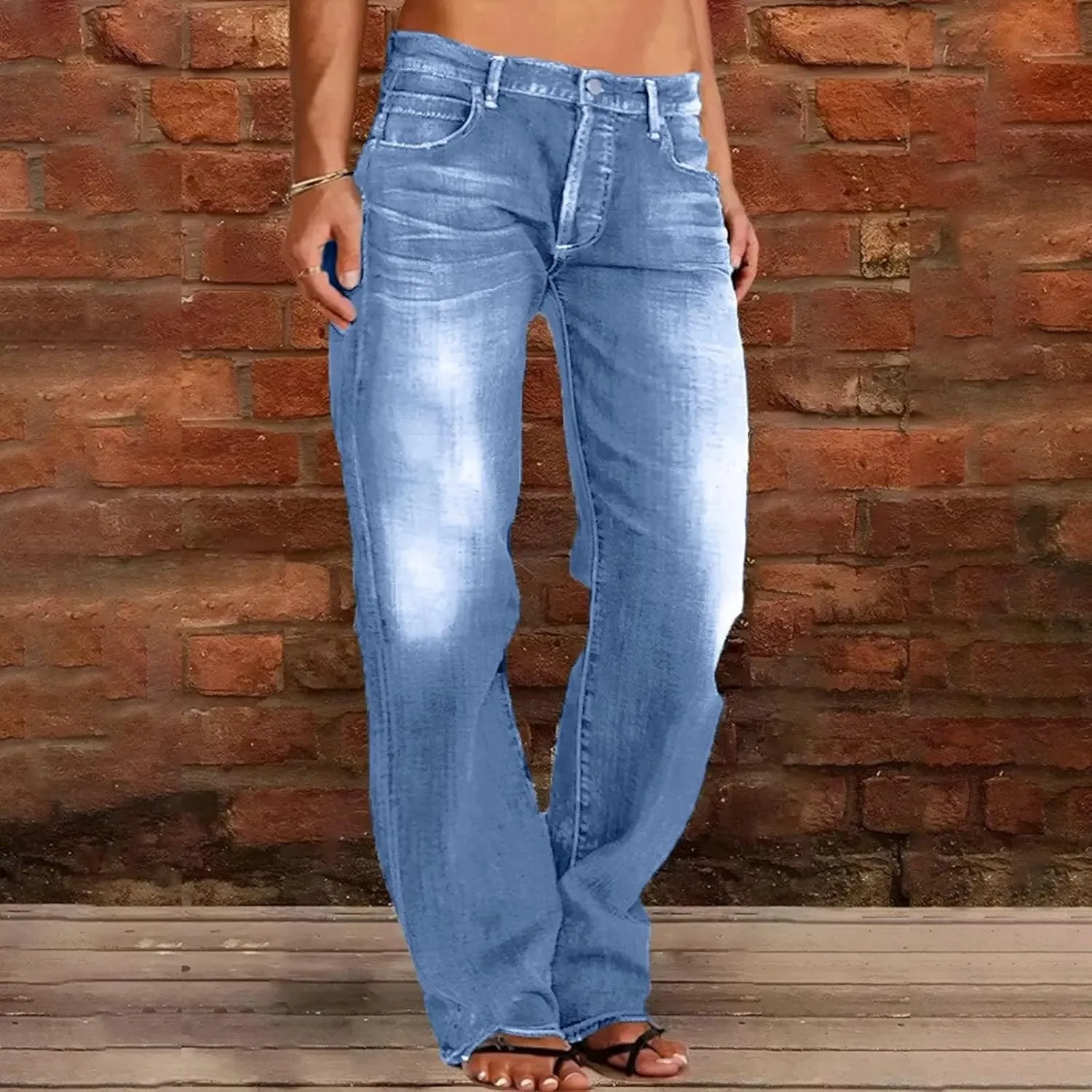 Womens Straight Leg Baggy Wide Leg Jeans Y2k Ripped Low Waisted Denim Trousers with Pockets Relaxed Boyfriend Jeans