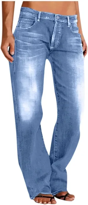 Womens Straight Leg Baggy Wide Leg Jeans Y2k Ripped Low Waisted Denim Trousers with Pockets Relaxed Boyfriend Jeans