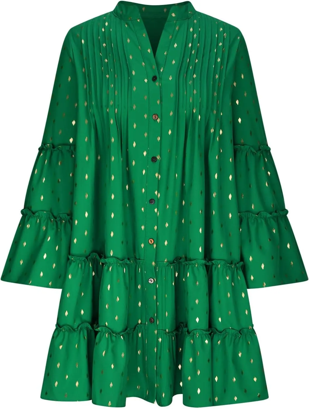 Women's Summer Button Down Pleated Shirt Dress Bell Long Sleeve Tiered Ruffle Flowy A-Line Swing Mini Babydoll Dresses