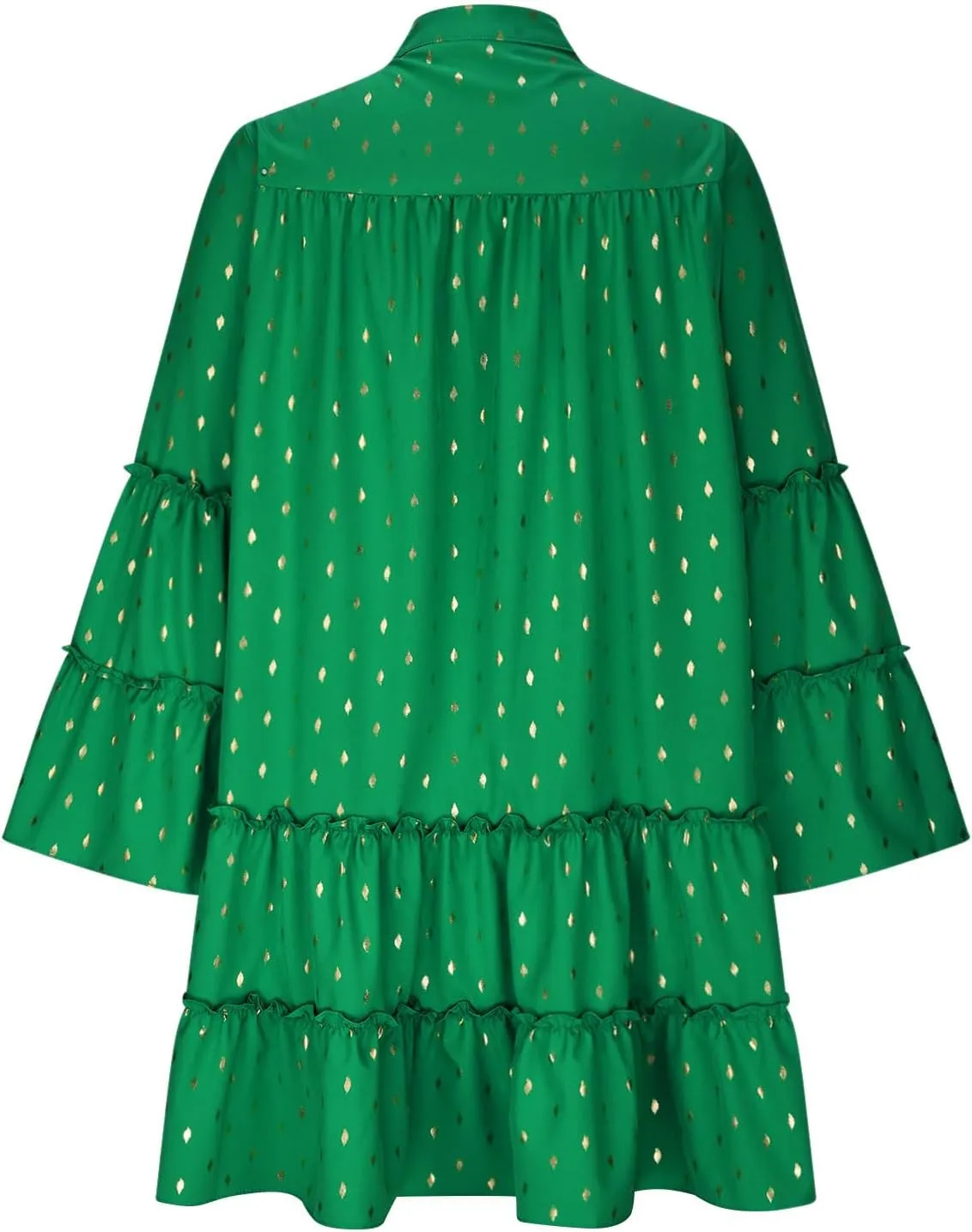 Women's Summer Button Down Pleated Shirt Dress Bell Long Sleeve Tiered Ruffle Flowy A-Line Swing Mini Babydoll Dresses