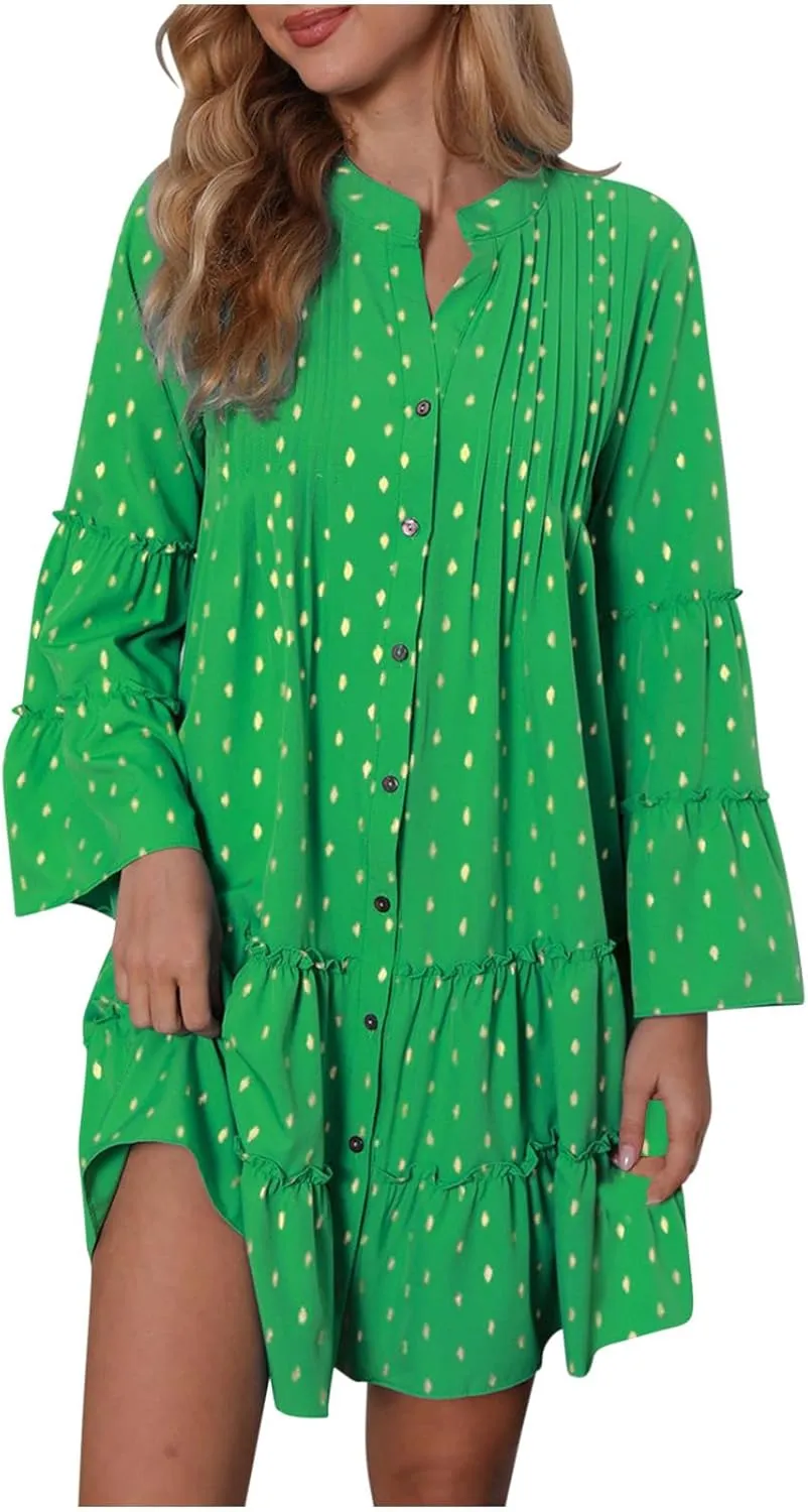 Women's Summer Button Down Pleated Shirt Dress Bell Long Sleeve Tiered Ruffle Flowy A-Line Swing Mini Babydoll Dresses